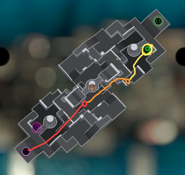 An overhead map of 
          Manta Maria with an orange path leading from home bunker to enemy bunker 
          and a yellow path leading from enemy bunker to enemy pedestal.
